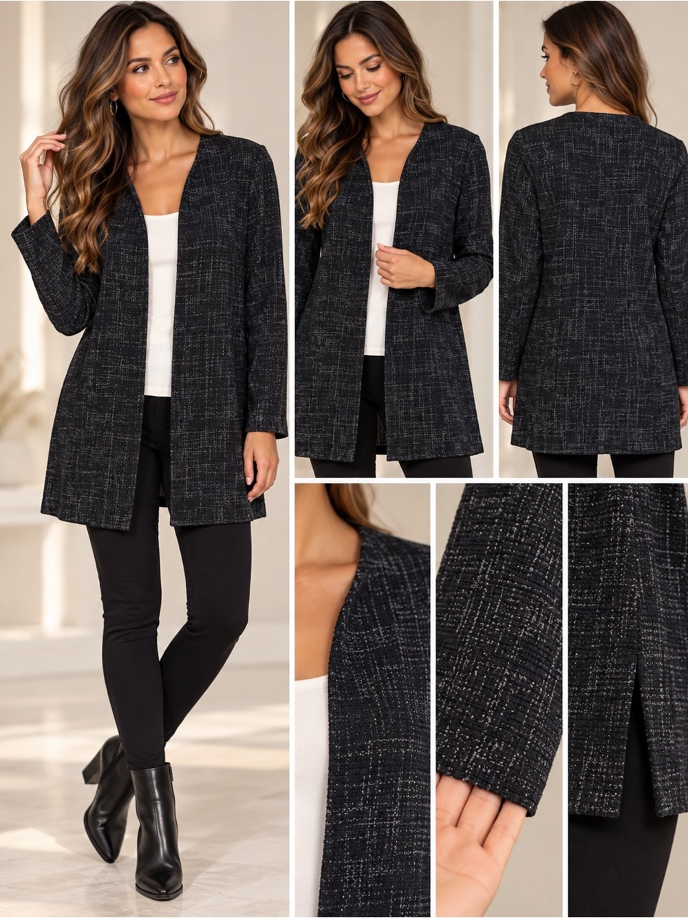 Eileen Fisher Crosshatch Jacquard Cotton Tencel Jacket Blazer Long Cardigan PL